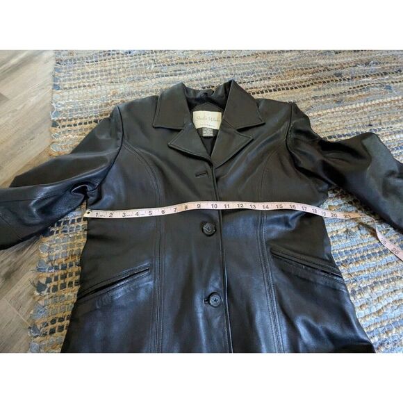 Black Leather Jacket/Coat Button Up M Pockets Y2K Baddie Mobwife Luxury - Picture 5 of 7